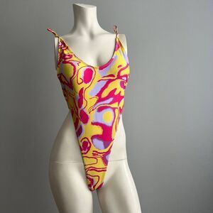 One Piece Bikini Women's Size Large Yellow Pink Summer Beach Wear Swimsuit